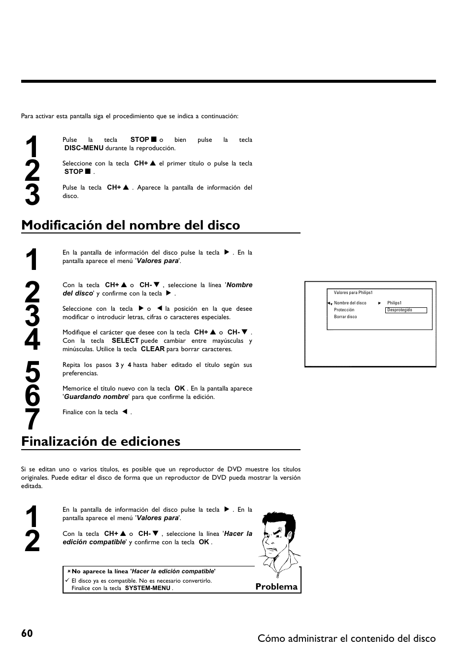 Modificación del nombre del disco, Finalización de ediciones | Philips DVDR 75 User Manual | Page 162 / 190