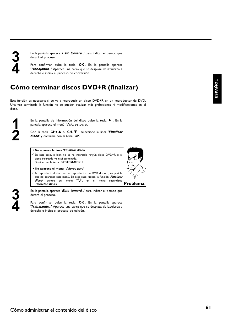 Cómo terminar discos dvd+r (finalizar) | Philips DVDR 75 User Manual | Page 163 / 190