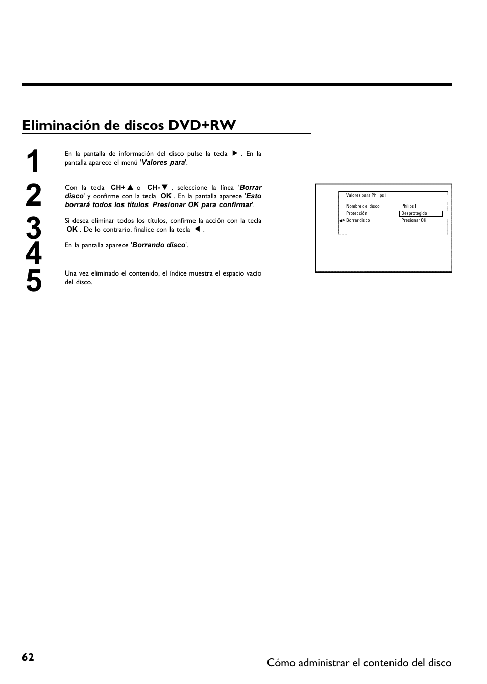 Eliminación de discos dvd+rw | Philips DVDR 75 User Manual | Page 164 / 190