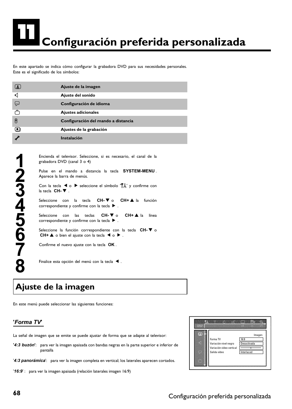 Configuración preferida personalizada, Ajuste de la imagen | Philips DVDR 75 User Manual | Page 170 / 190