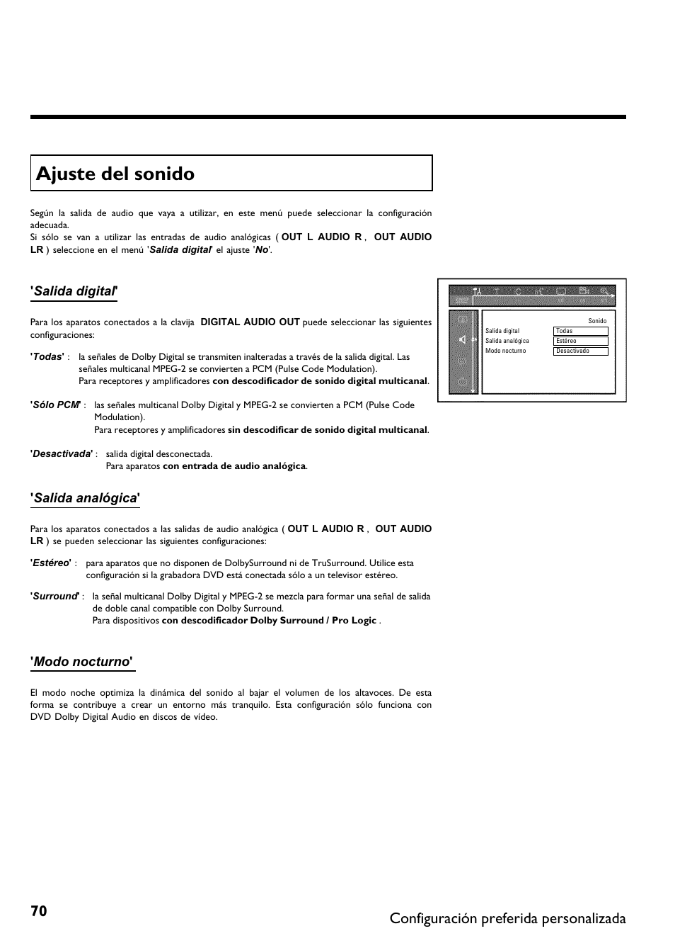 Ajuste del sonido, Configuración preferida personalizada, Salida digital | Salida analógica, Modo nocturno | Philips DVDR 75 User Manual | Page 172 / 190