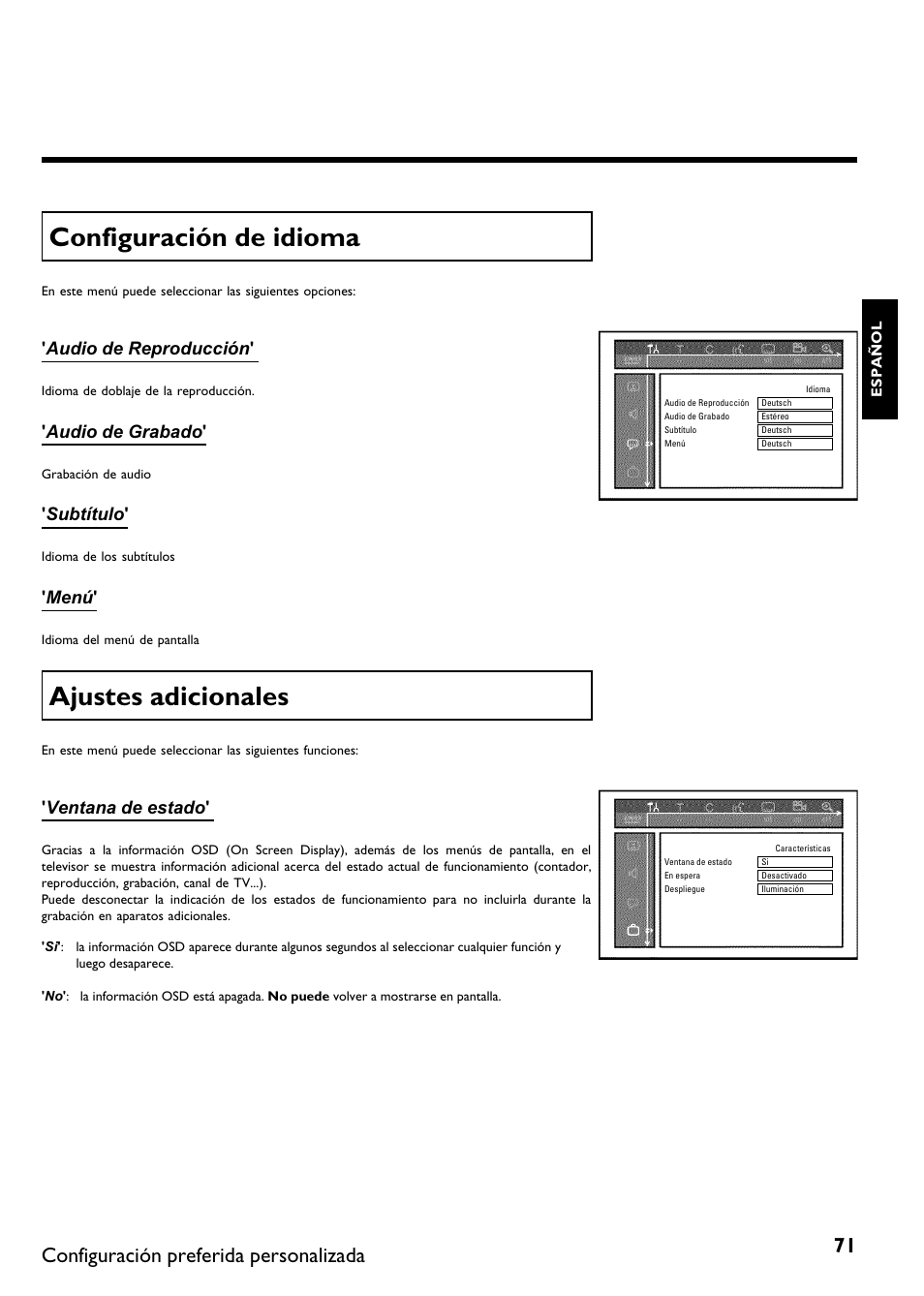 Configuración de idioma, Ajustes adicionales, Configuración preferida personalizada | Audio de reproducción, Audio de grabado, Subtítulo, Menú, Ventana de estado | Philips DVDR 75 User Manual | Page 173 / 190