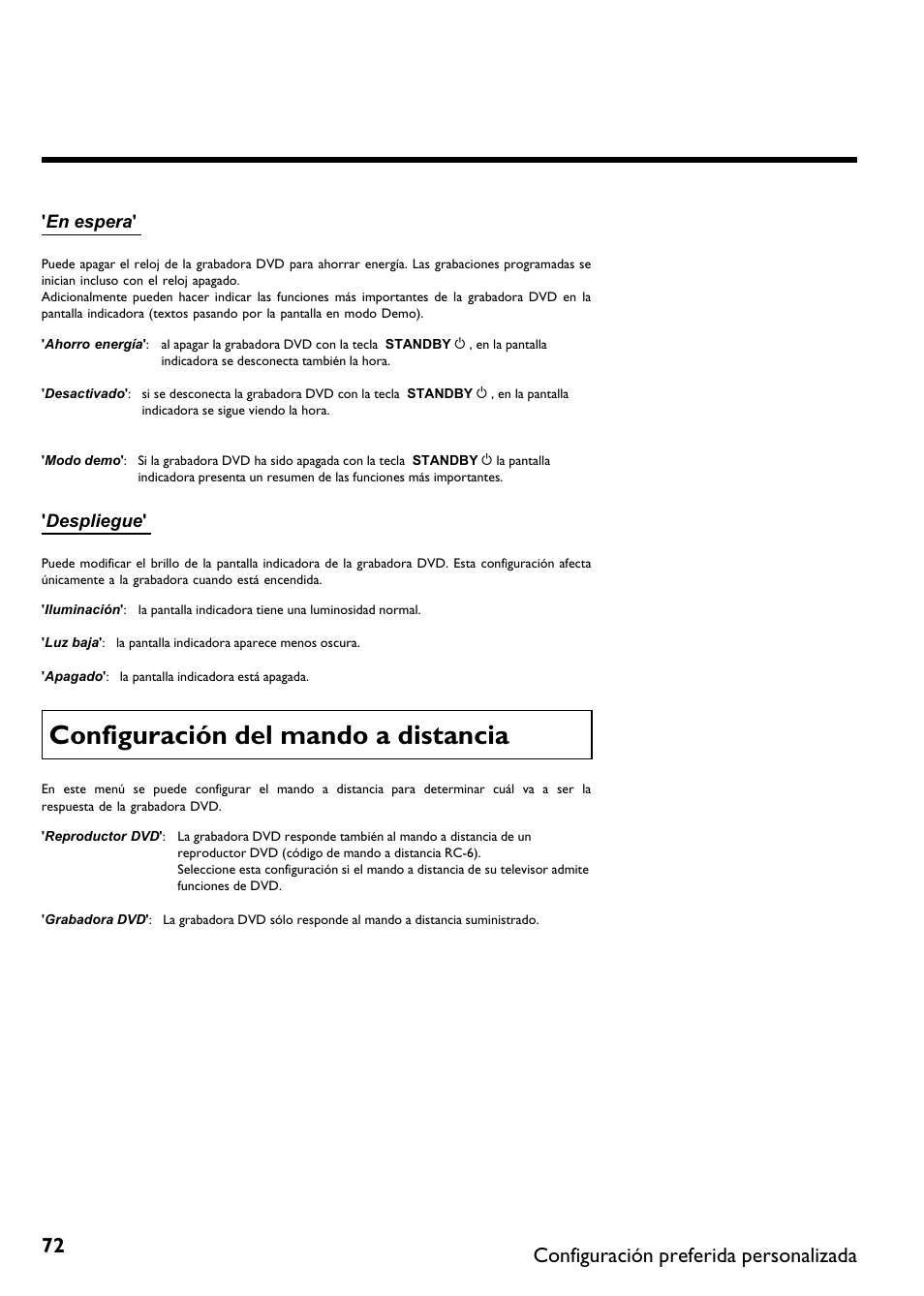 Configuración del mando a distancia, Configuración preferida personalizada | Philips DVDR 75 User Manual | Page 174 / 190