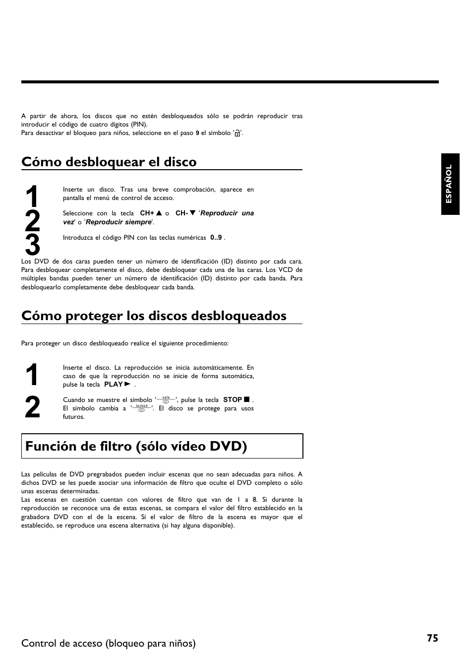 Cómo desbloquear el disco, Cómo proteger los discos desbloqueados, Función de filtro (sólo vídeo dvd) | Philips DVDR 75 User Manual | Page 177 / 190