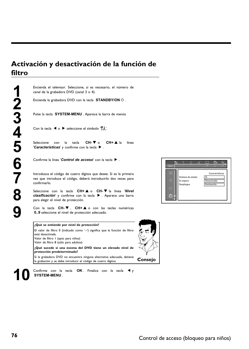 Activación y desactivación de la función de filtro | Philips DVDR 75 User Manual | Page 178 / 190