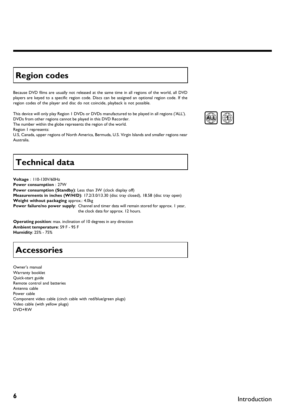 Region codes, Technical data, Accessories | Philips DVDR 75 User Manual | Page 18 / 190