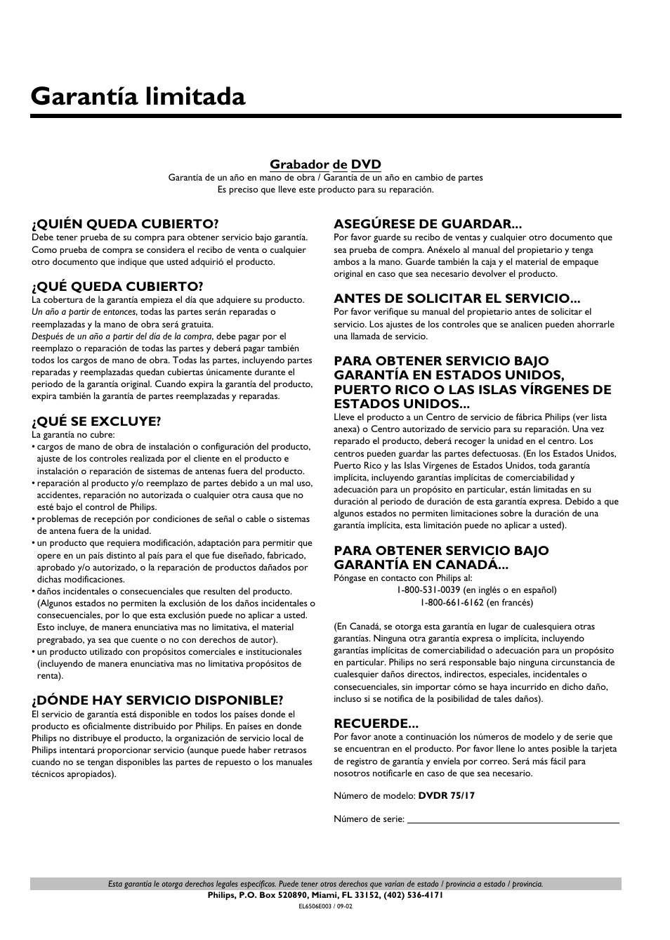 Garantía limitada | Philips DVDR 75 User Manual | Page 184 / 190
