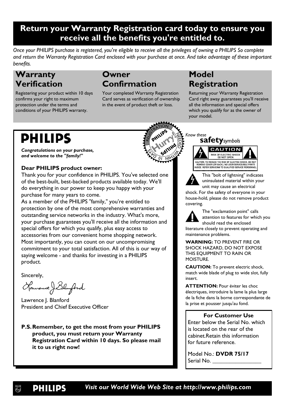 Warranty verification, Owner confirmation, Model registration | Safety | Philips DVDR 75 User Manual | Page 2 / 190