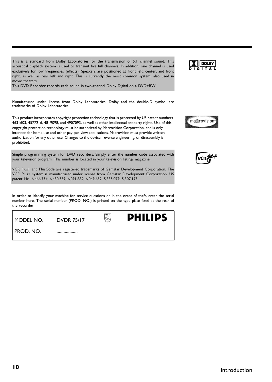Introduction | Philips DVDR 75 User Manual | Page 22 / 190