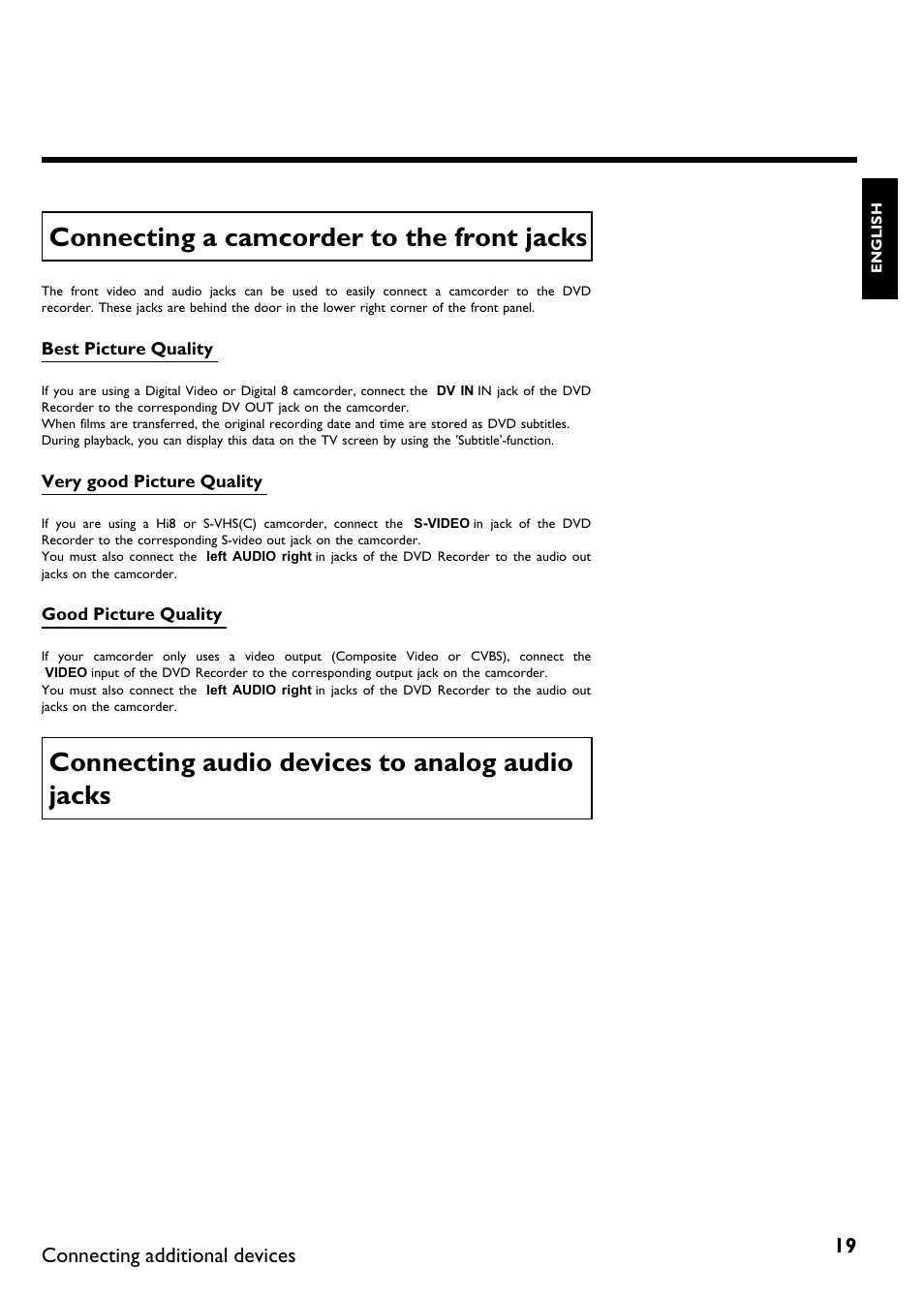 Connecting a camcorder to the front jacks, Connecting audio devices to analog audio jacks | Philips DVDR 75 User Manual | Page 31 / 190