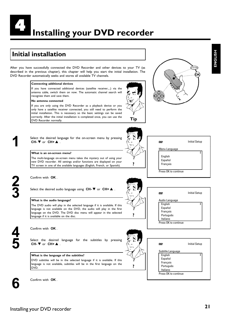 Installing your dvd recorder, Initial installation | Philips DVDR 75 User Manual | Page 33 / 190