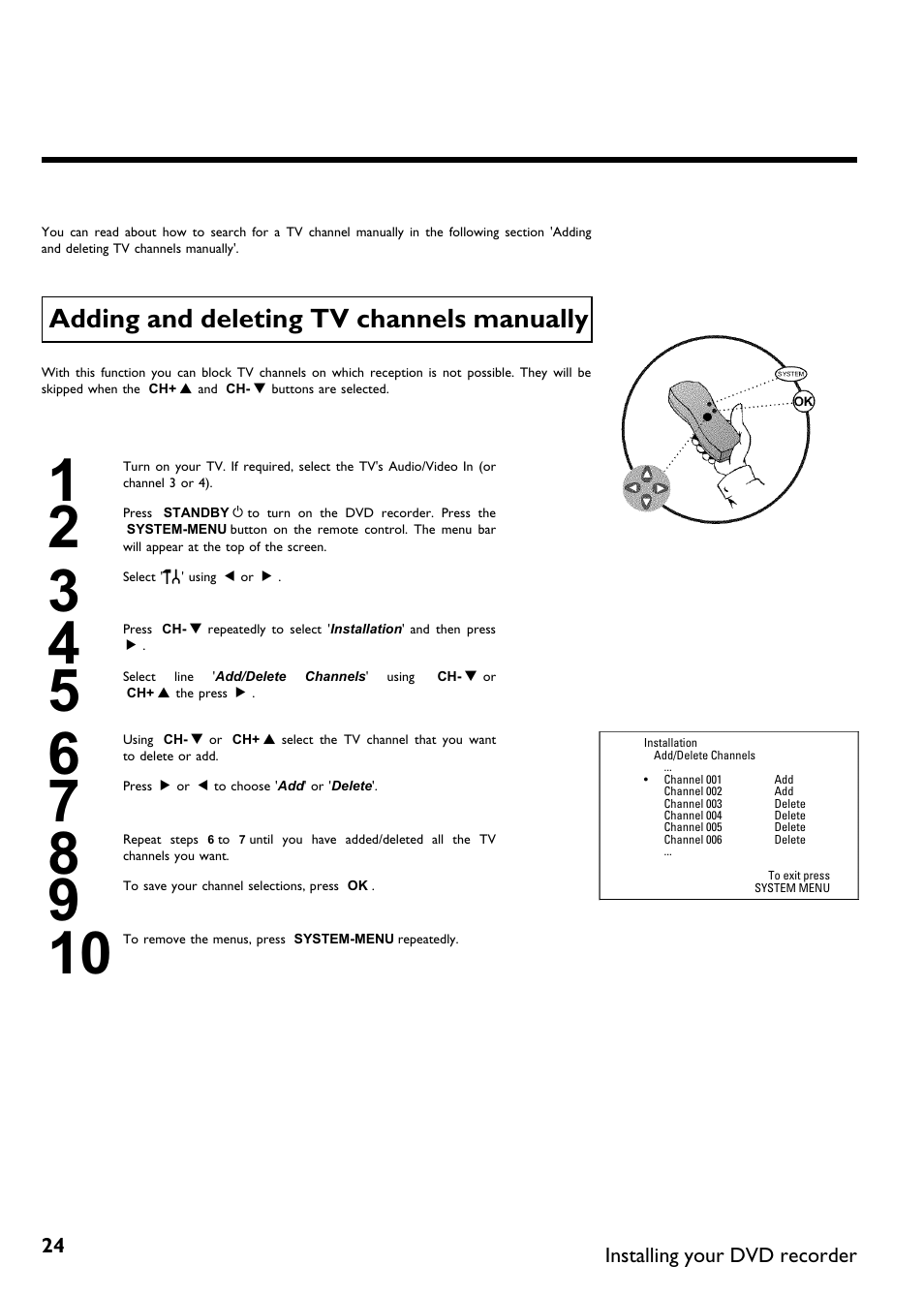 Adding and deleting tv channels manually | Philips DVDR 75 User Manual | Page 36 / 190
