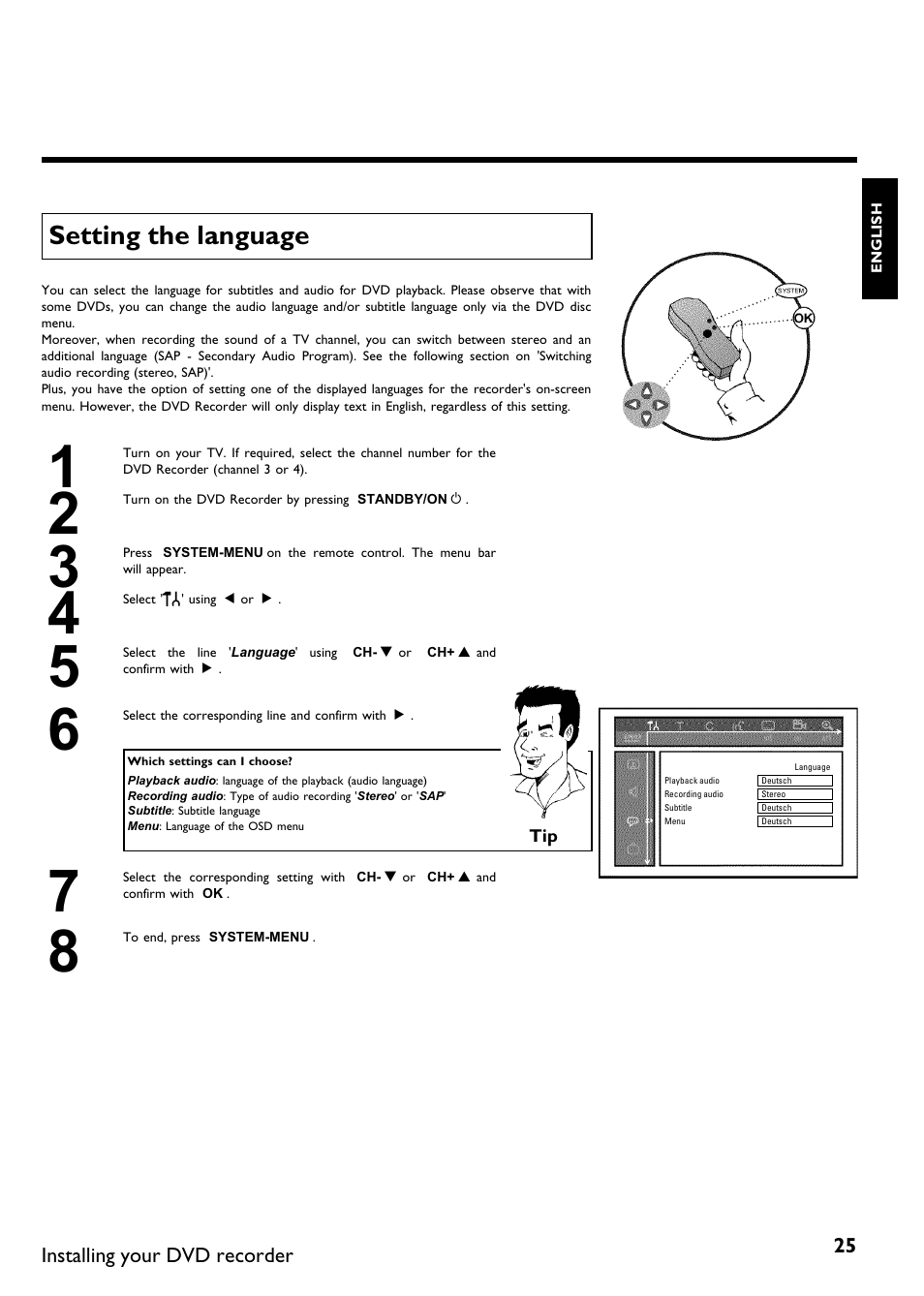 Setting the language | Philips DVDR 75 User Manual | Page 37 / 190