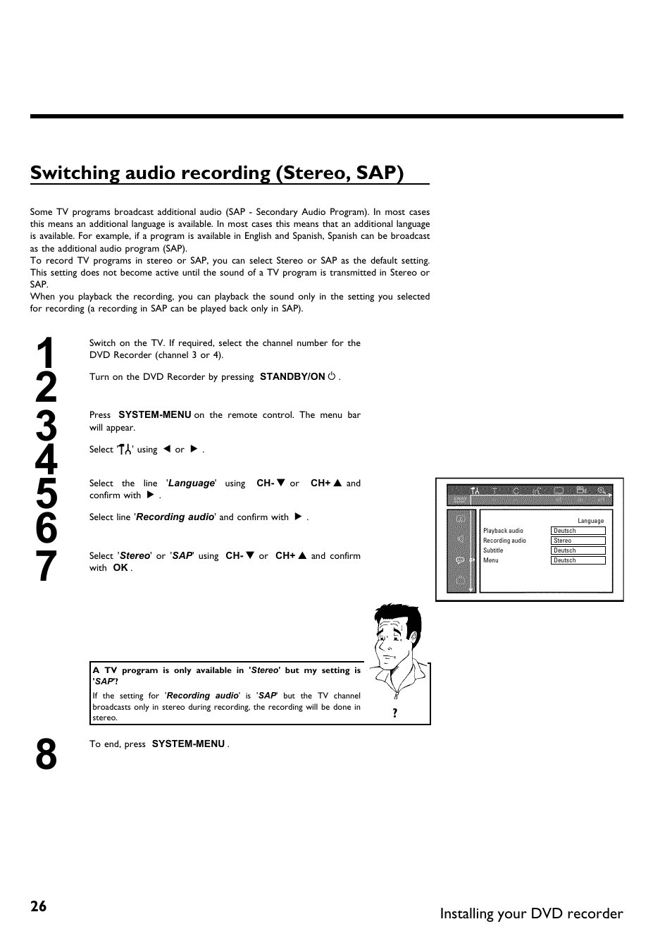 Switching audio recording (stereo, sap) | Philips DVDR 75 User Manual | Page 38 / 190