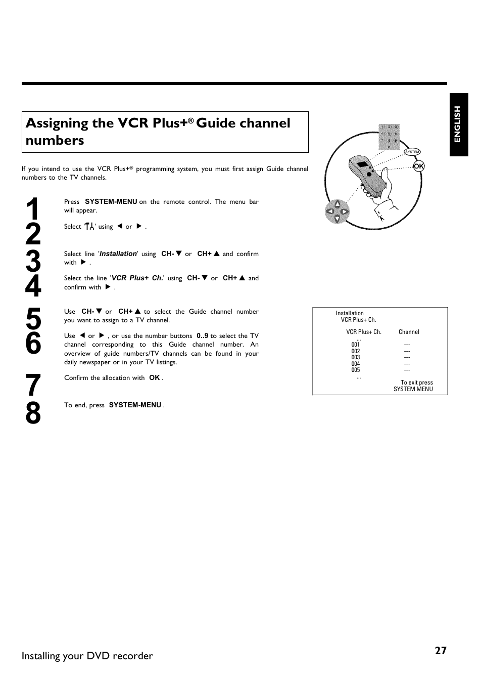 Assigning the vcr plus, Guide channel numbers | Philips DVDR 75 User Manual | Page 39 / 190