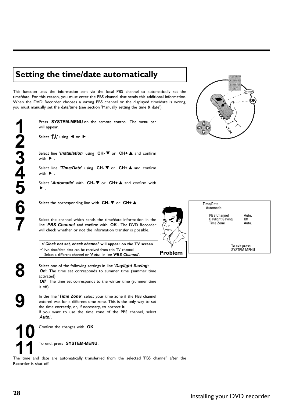 Setting the time/date automatically | Philips DVDR 75 User Manual | Page 40 / 190