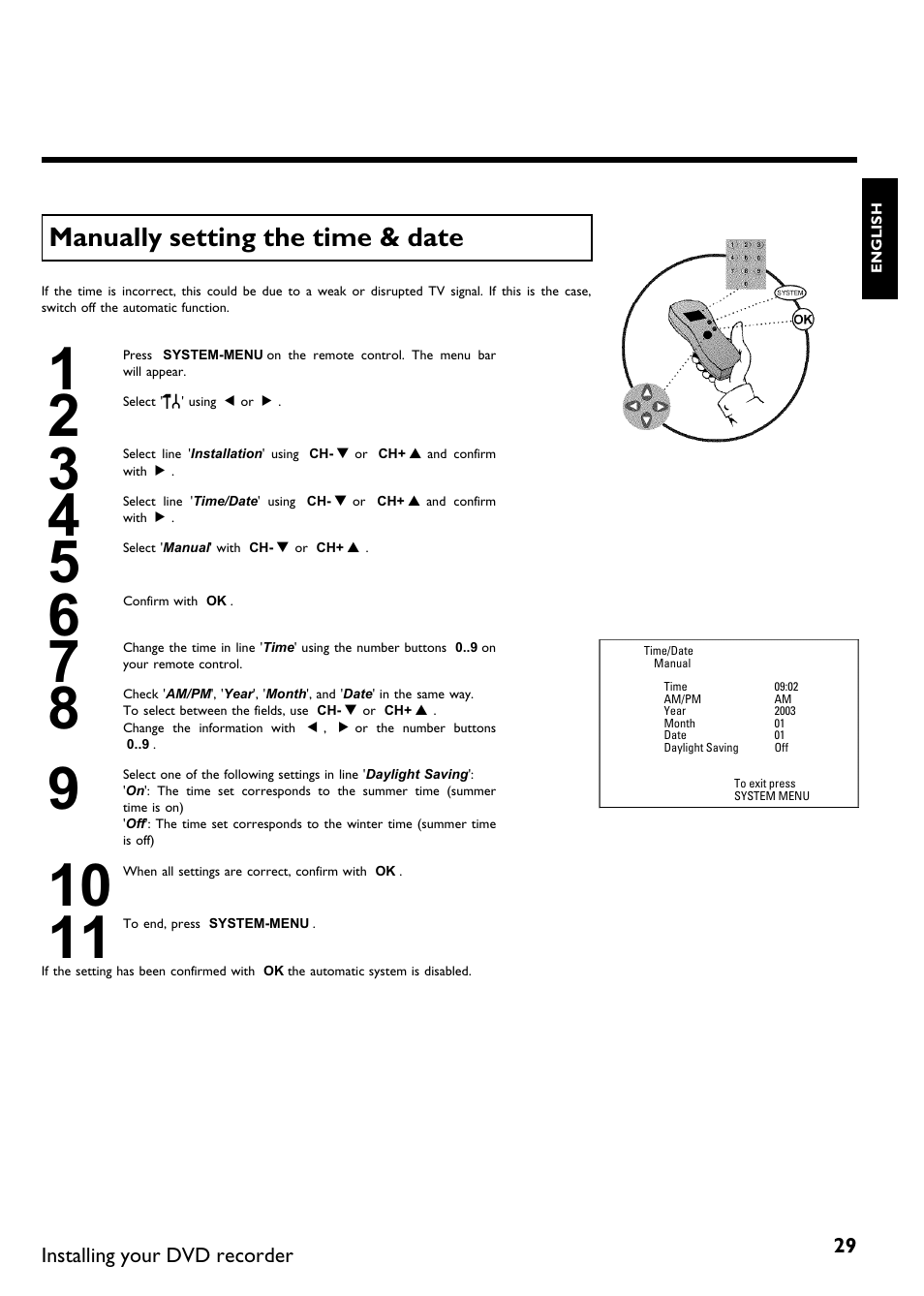 Manually setting the time & date | Philips DVDR 75 User Manual | Page 41 / 190