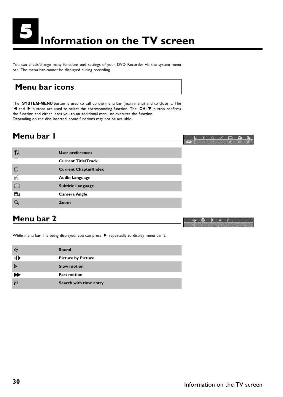Information on the tv screen, Menu bar icons, Menu bar 1 | Menu bar 2 | Philips DVDR 75 User Manual | Page 42 / 190
