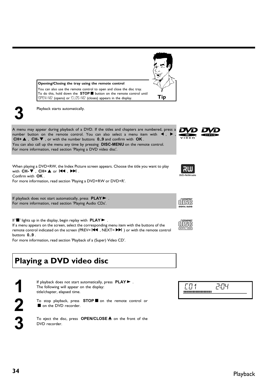 Playing a dvd video disc | Philips DVDR 75 User Manual | Page 46 / 190