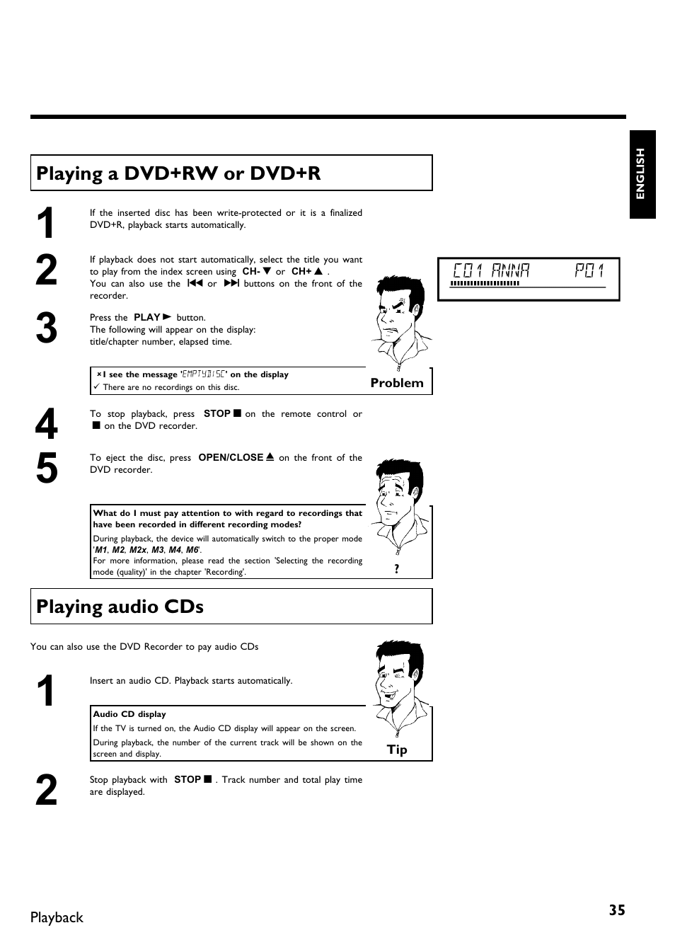 Playing a dvd+rw or dvd+r, Playing audio cds | Philips DVDR 75 User Manual | Page 47 / 190