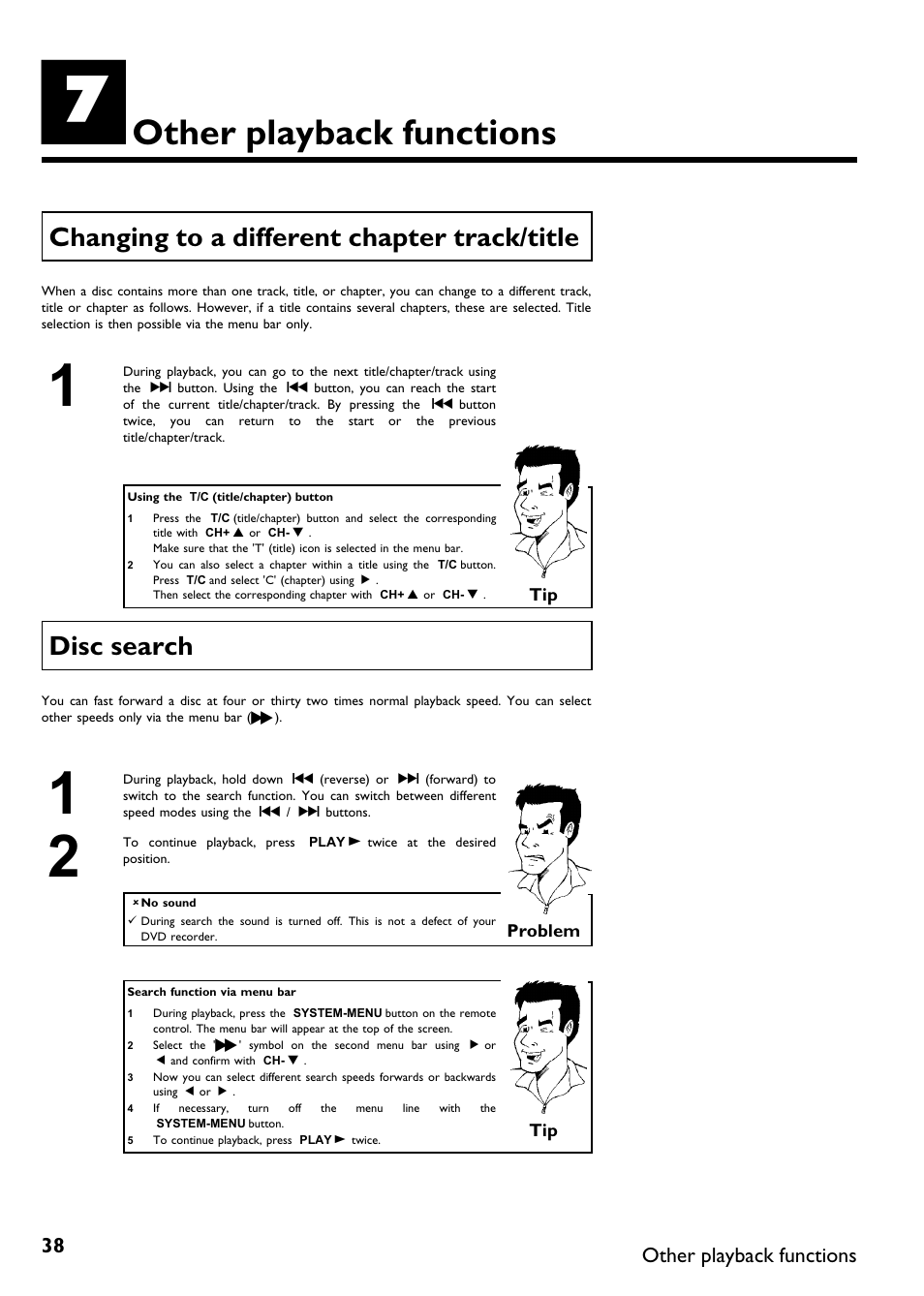 Other playback functions, Changing to a different chapter track/title, Disc search | Philips DVDR 75 User Manual | Page 50 / 190