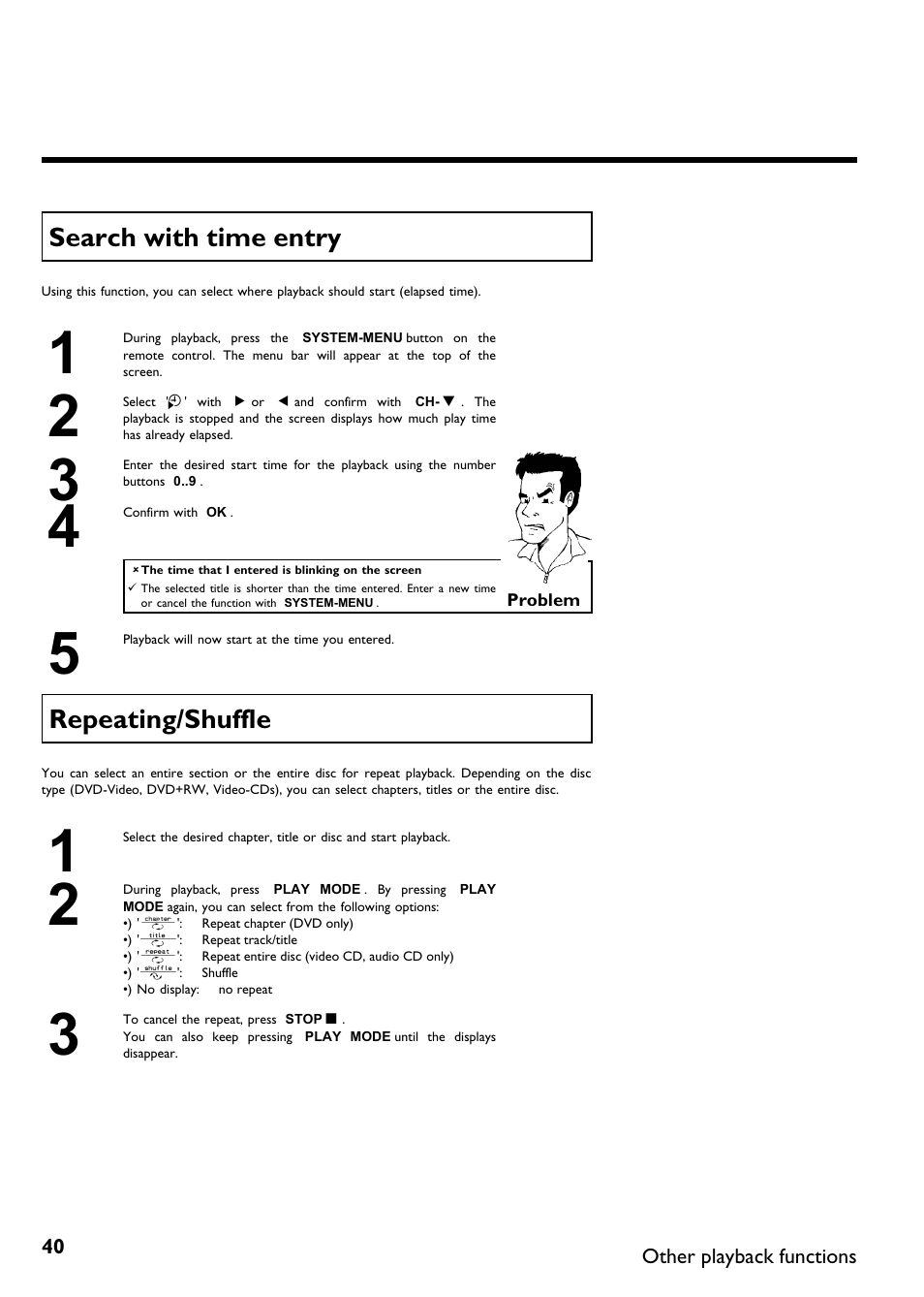 Search with time entry, Repeating/shuffle | Philips DVDR 75 User Manual | Page 52 / 190
