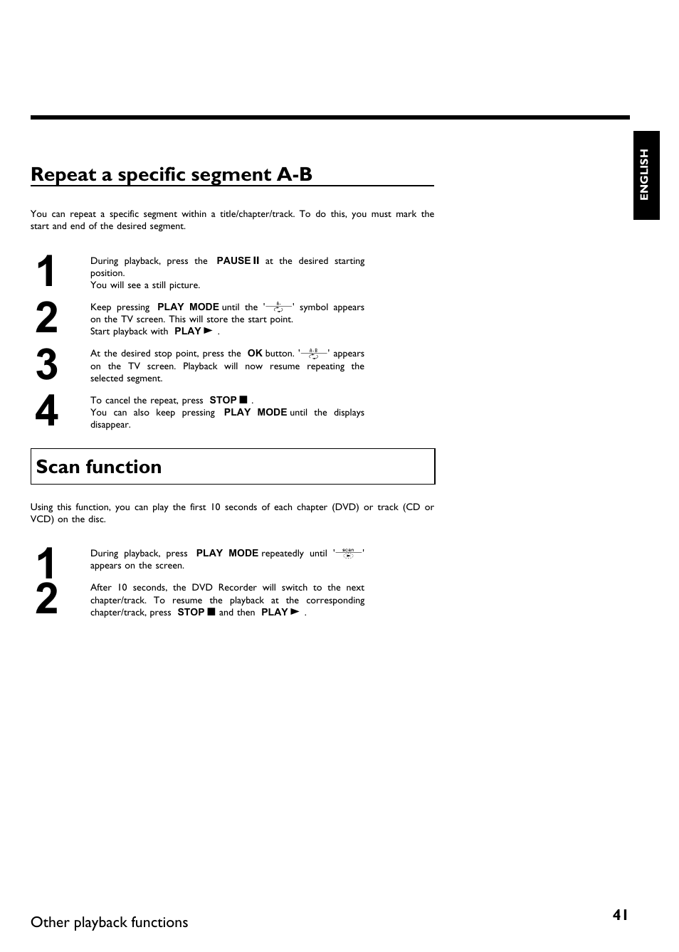 Repeat a specific segment a b, Scan function | Philips DVDR 75 User Manual | Page 53 / 190