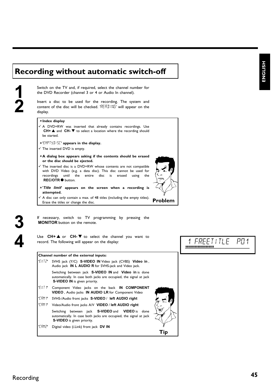 Recording without automatic switch off, 1 freetitle p01, Recording | Philips DVDR 75 User Manual | Page 57 / 190