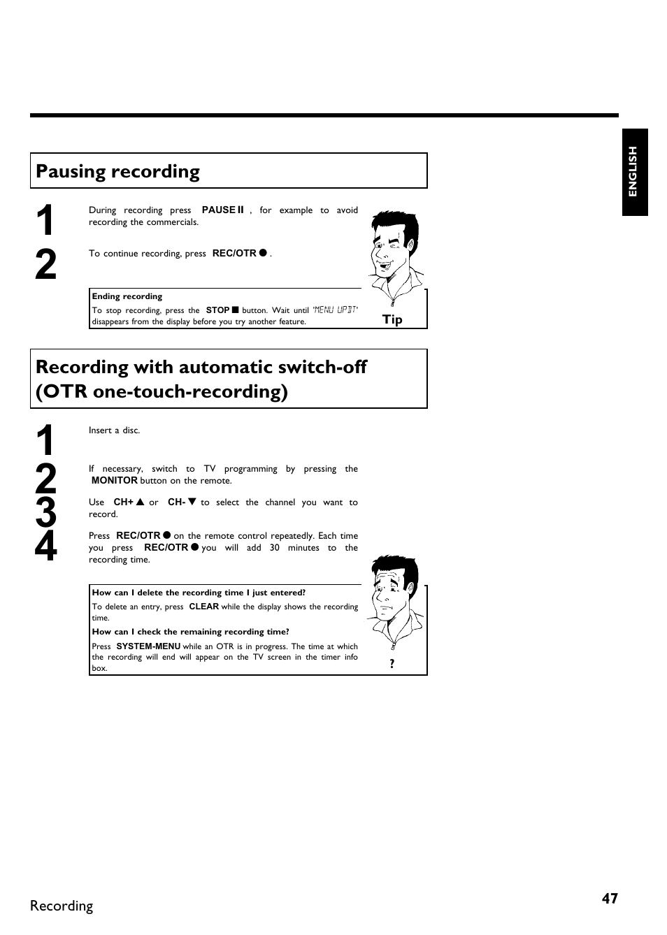 Pausing recording | Philips DVDR 75 User Manual | Page 59 / 190