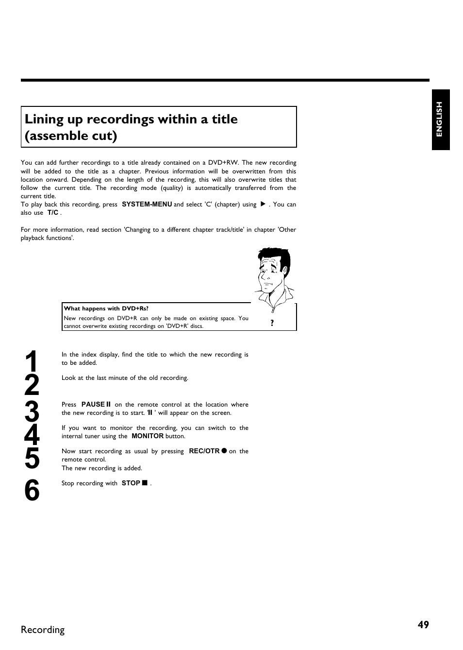 Lining up recordings within a title (assemble cut) | Philips DVDR 75 User Manual | Page 61 / 190