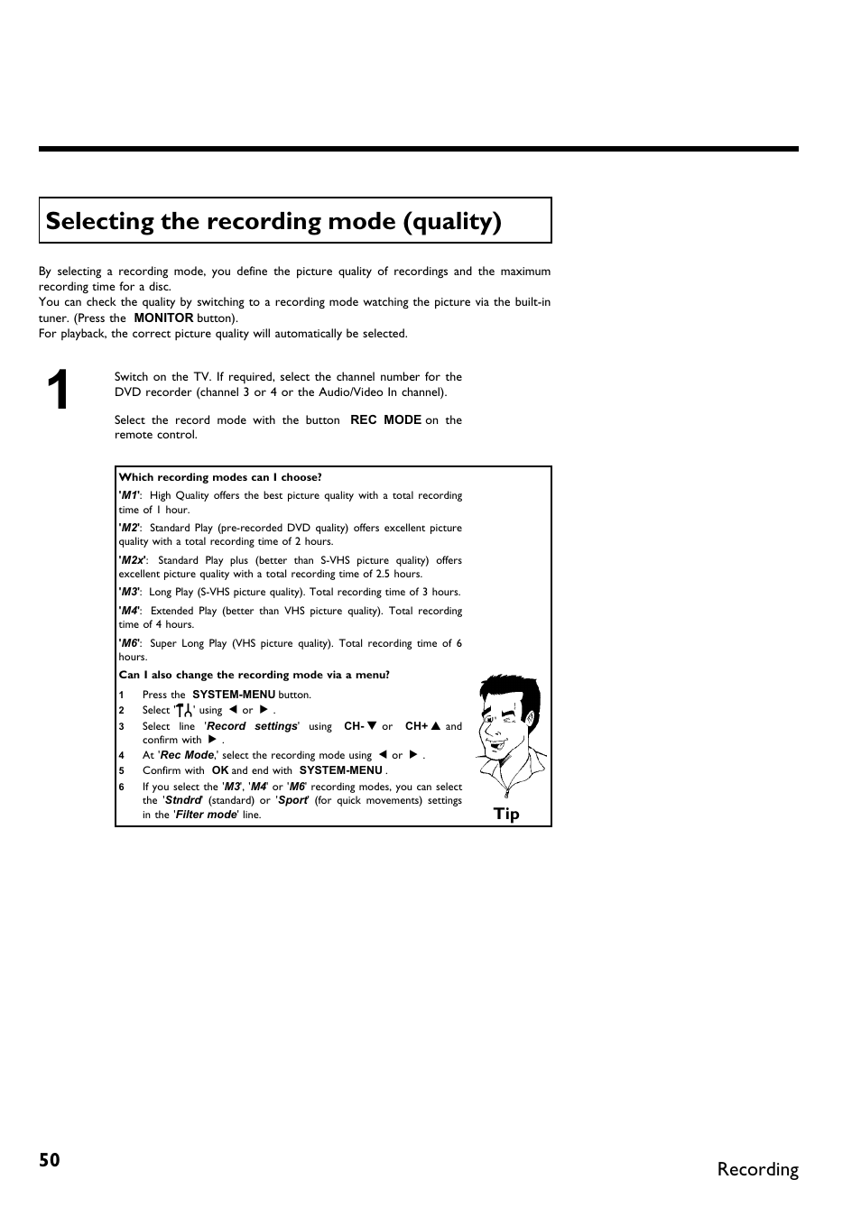 Selecting the recording mode (quality), Recording | Philips DVDR 75 User Manual | Page 62 / 190