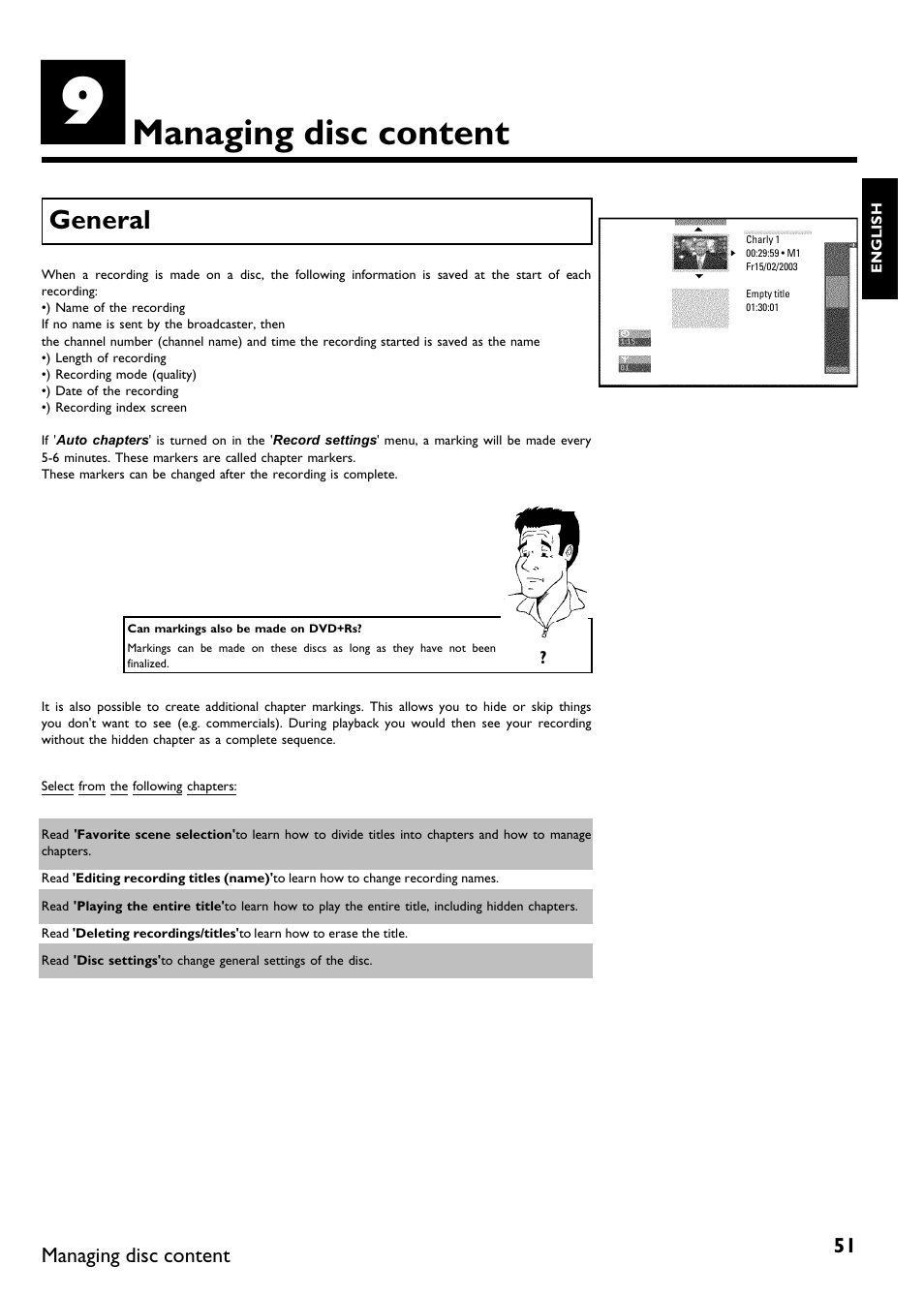 Managing disc content, General | Philips DVDR 75 User Manual | Page 63 / 190