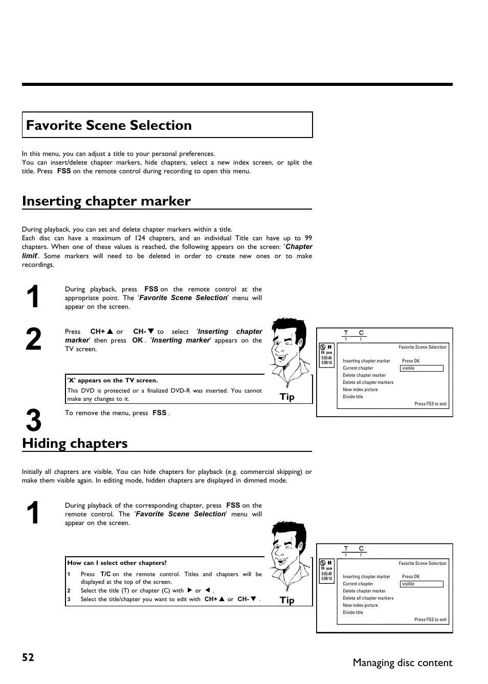 Favorite scene selection, Inserting chapter marker, Hiding chapters | Managing disc content | Philips DVDR 75 User Manual | Page 64 / 190