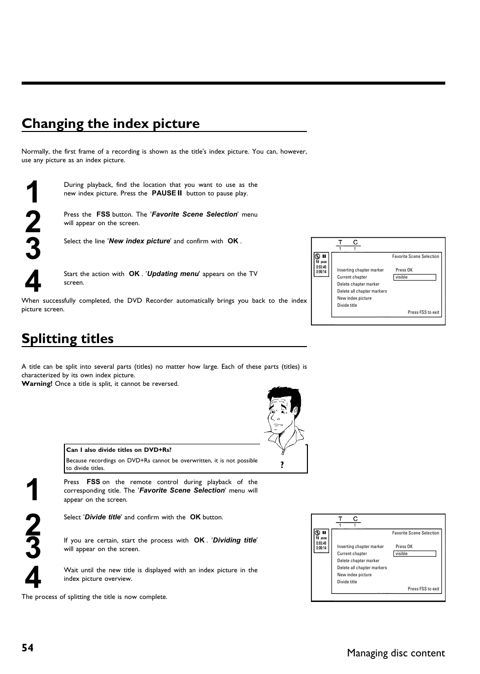 Changing the index picture, Splitting titles | Philips DVDR 75 User Manual | Page 66 / 190