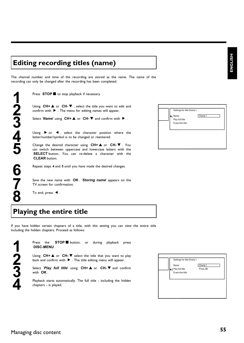 Editing recording titles (name), Playing the entire title | Philips DVDR 75 User Manual | Page 67 / 190