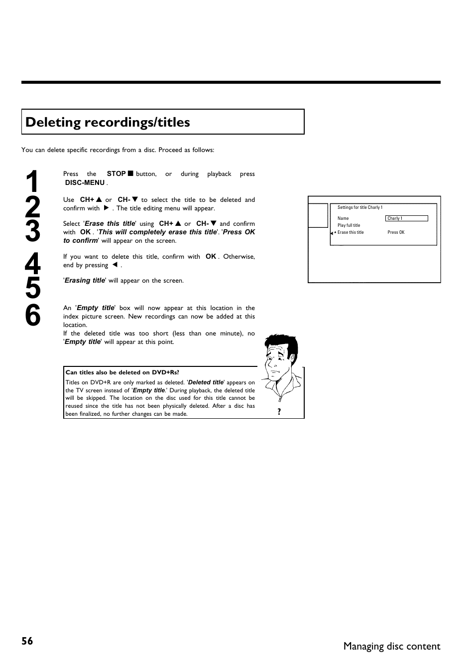 Deleting recordings/titles | Philips DVDR 75 User Manual | Page 68 / 190