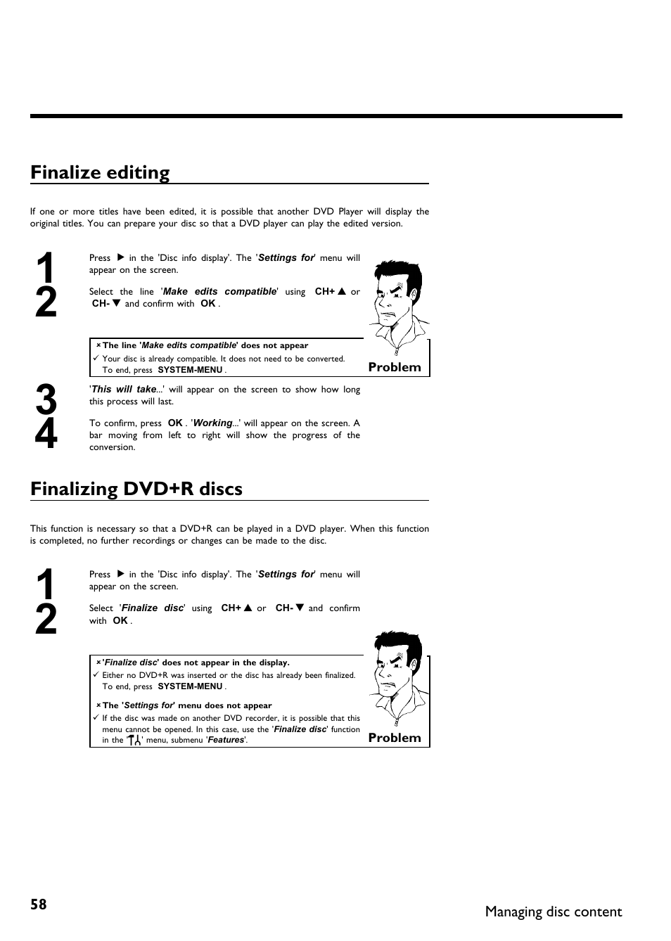 Finalize editing, Finalizing dvd+r discs | Philips DVDR 75 User Manual | Page 70 / 190