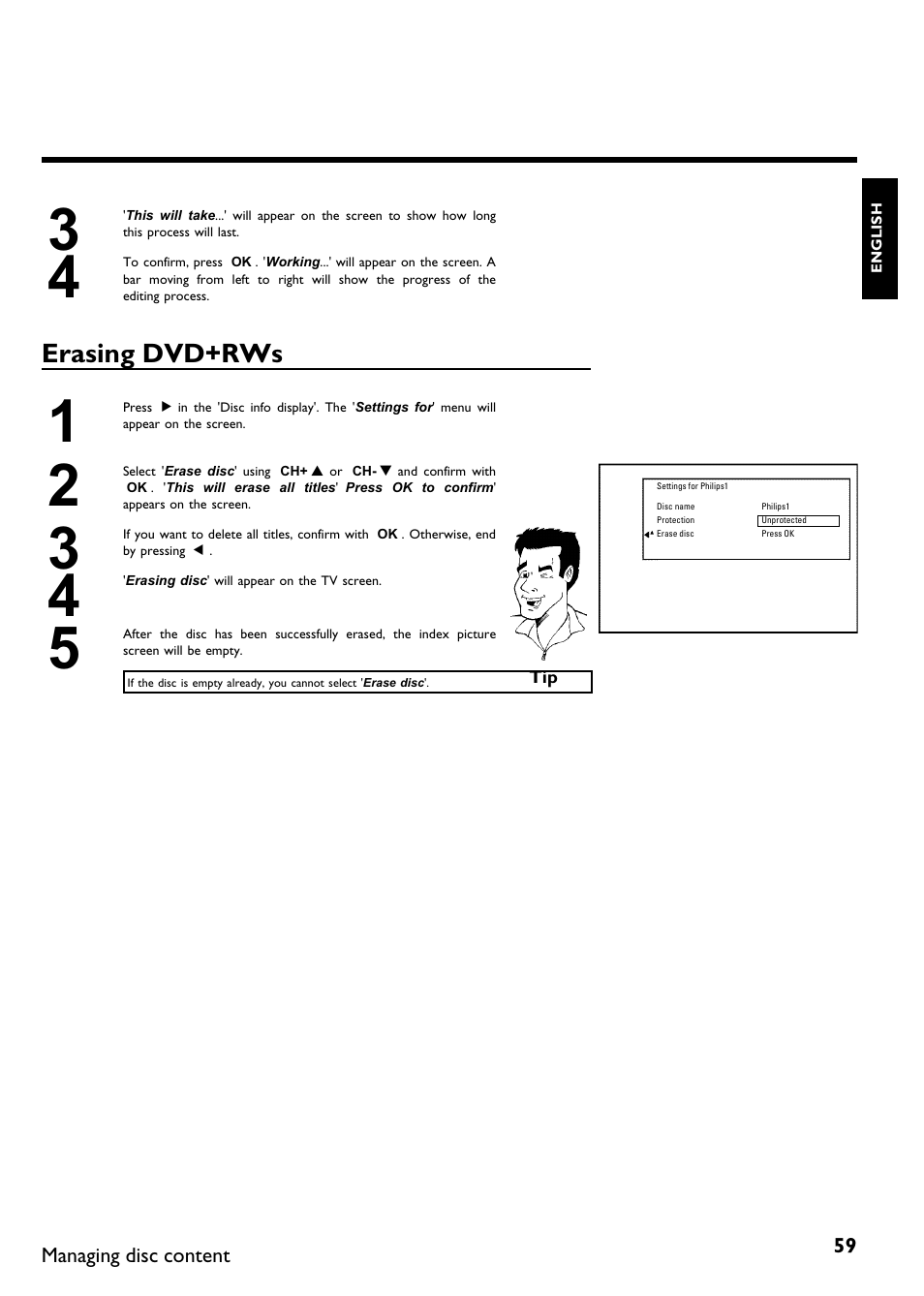 Erasing dvd+rws | Philips DVDR 75 User Manual | Page 71 / 190