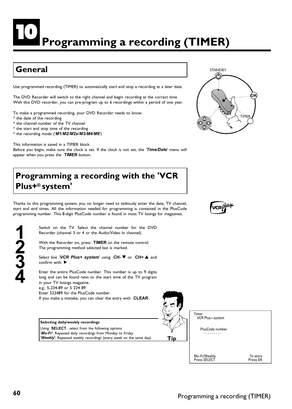 Programming a recording (timer), General, Programming a recording with the 'vcr plus | System | Philips DVDR 75 User Manual | Page 72 / 190