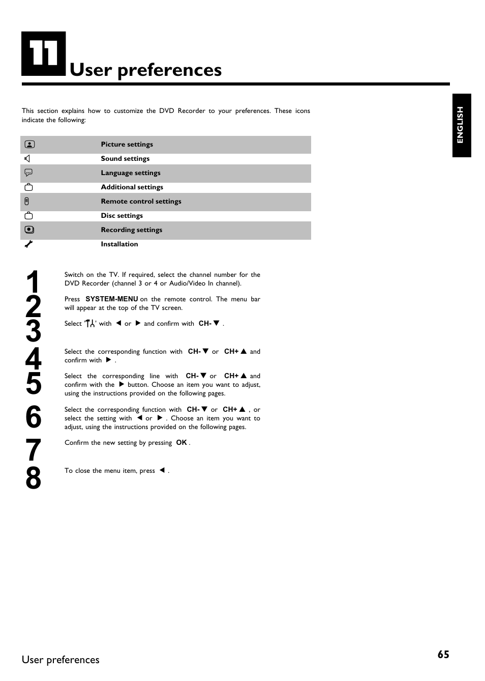 User preferences | Philips DVDR 75 User Manual | Page 77 / 190