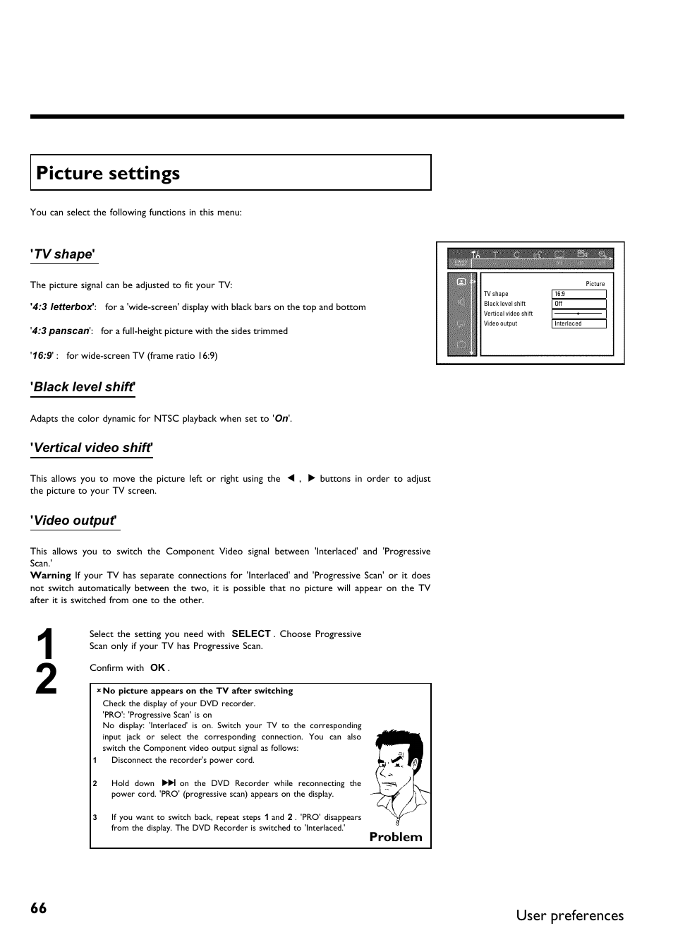 Picture settings, User preferences | Philips DVDR 75 User Manual | Page 78 / 190