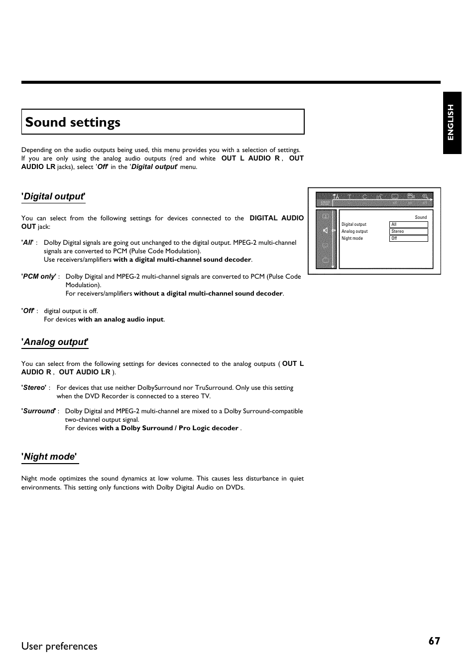 Sound settings, User preferences, Digital output | Analog output, Night mode | Philips DVDR 75 User Manual | Page 79 / 190