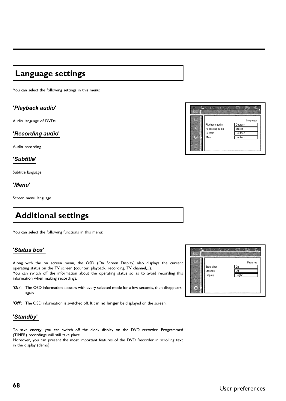 Language settings, Additional settings, User preferences | Playback audio, Recording audio, Subtitle, Menu, Status box, Standby | Philips DVDR 75 User Manual | Page 80 / 190