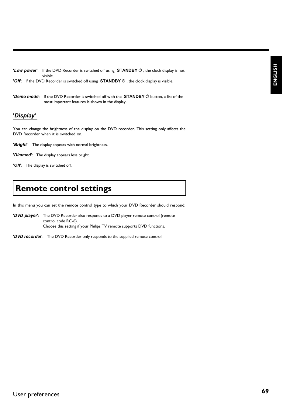Remote control settings, User preferences | Philips DVDR 75 User Manual | Page 81 / 190