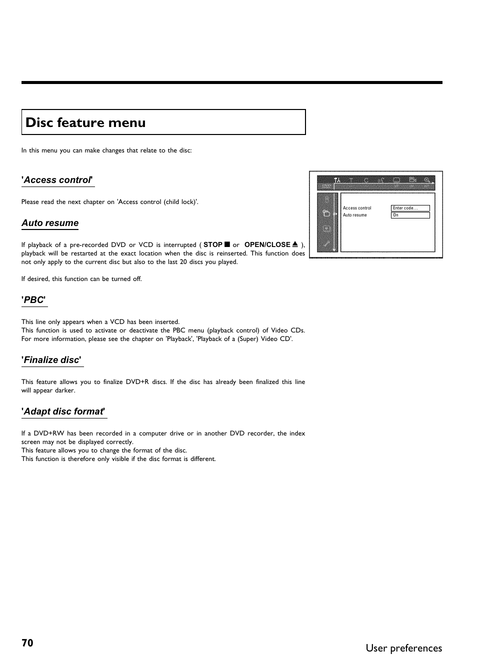 Disc feature menu, User preferences | Philips DVDR 75 User Manual | Page 82 / 190