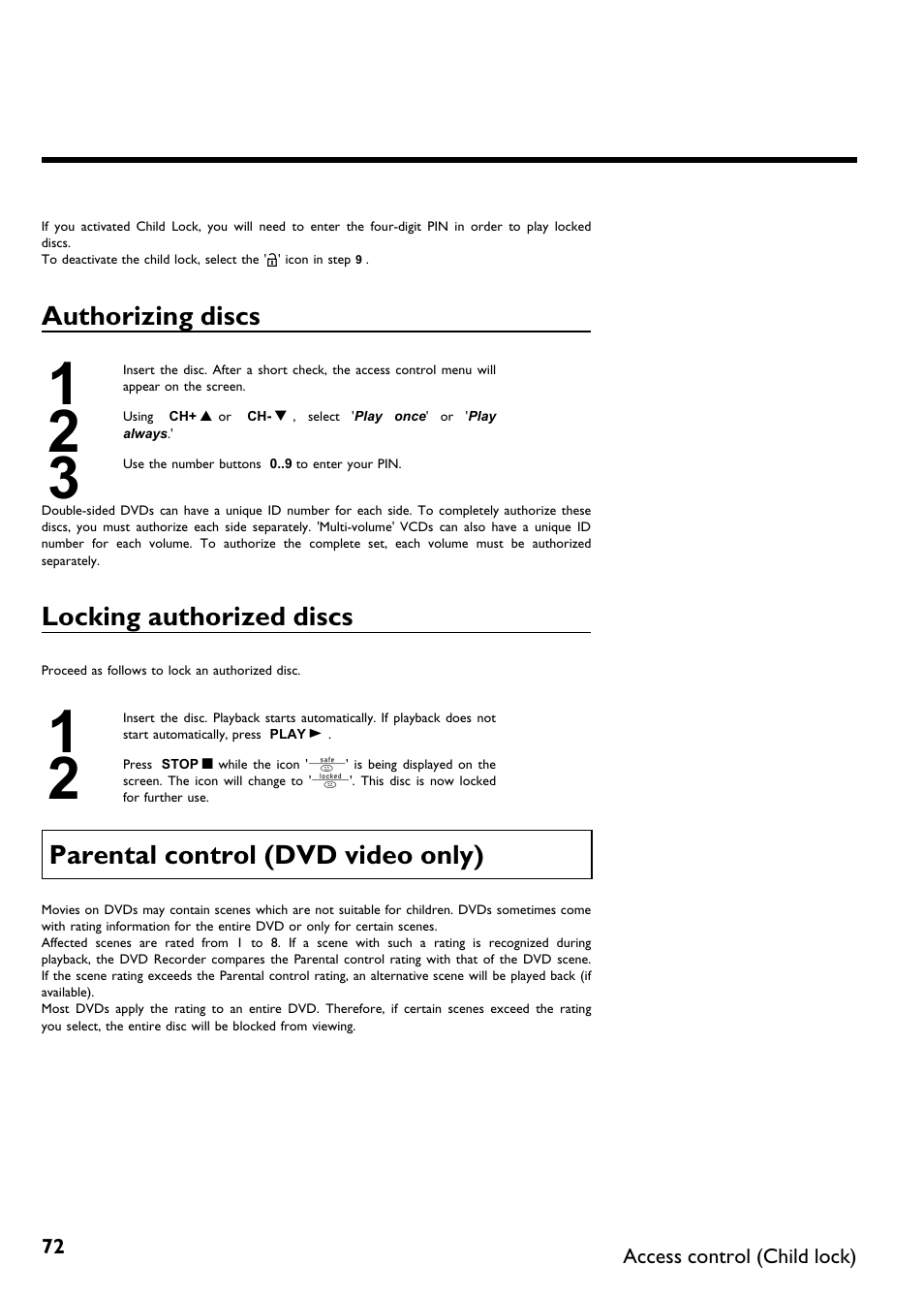 Authorizing discs, Locking authorized discs, Parental control (dvd video only) | Philips DVDR 75 User Manual | Page 84 / 190