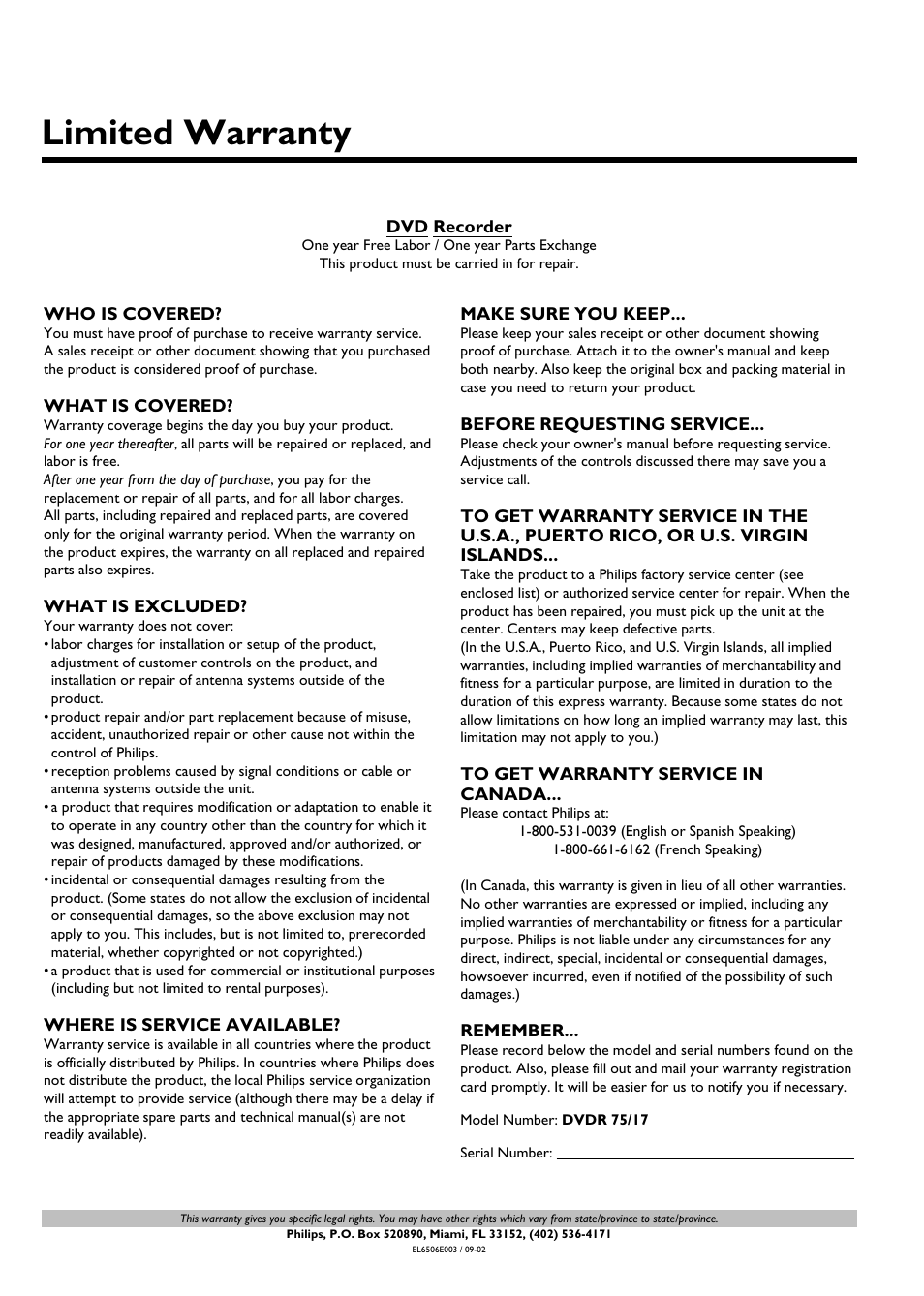 Limited warranty | Philips DVDR 75 User Manual | Page 91 / 190