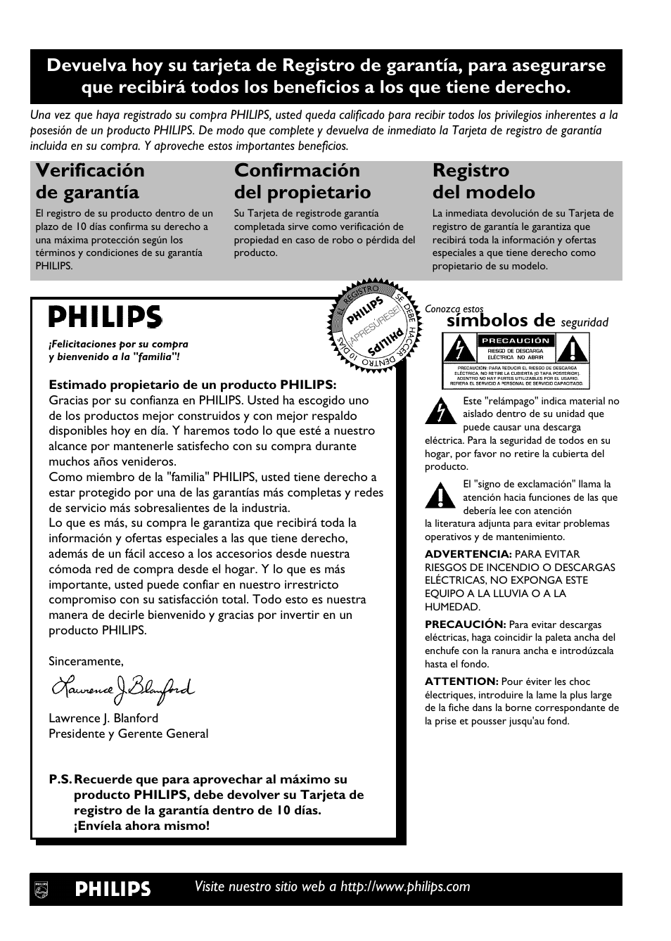 Verificación de garantía, Confirmación del propietario, Registro del modelo | Símbolos de | Philips DVDR 75 User Manual | Page 93 / 190