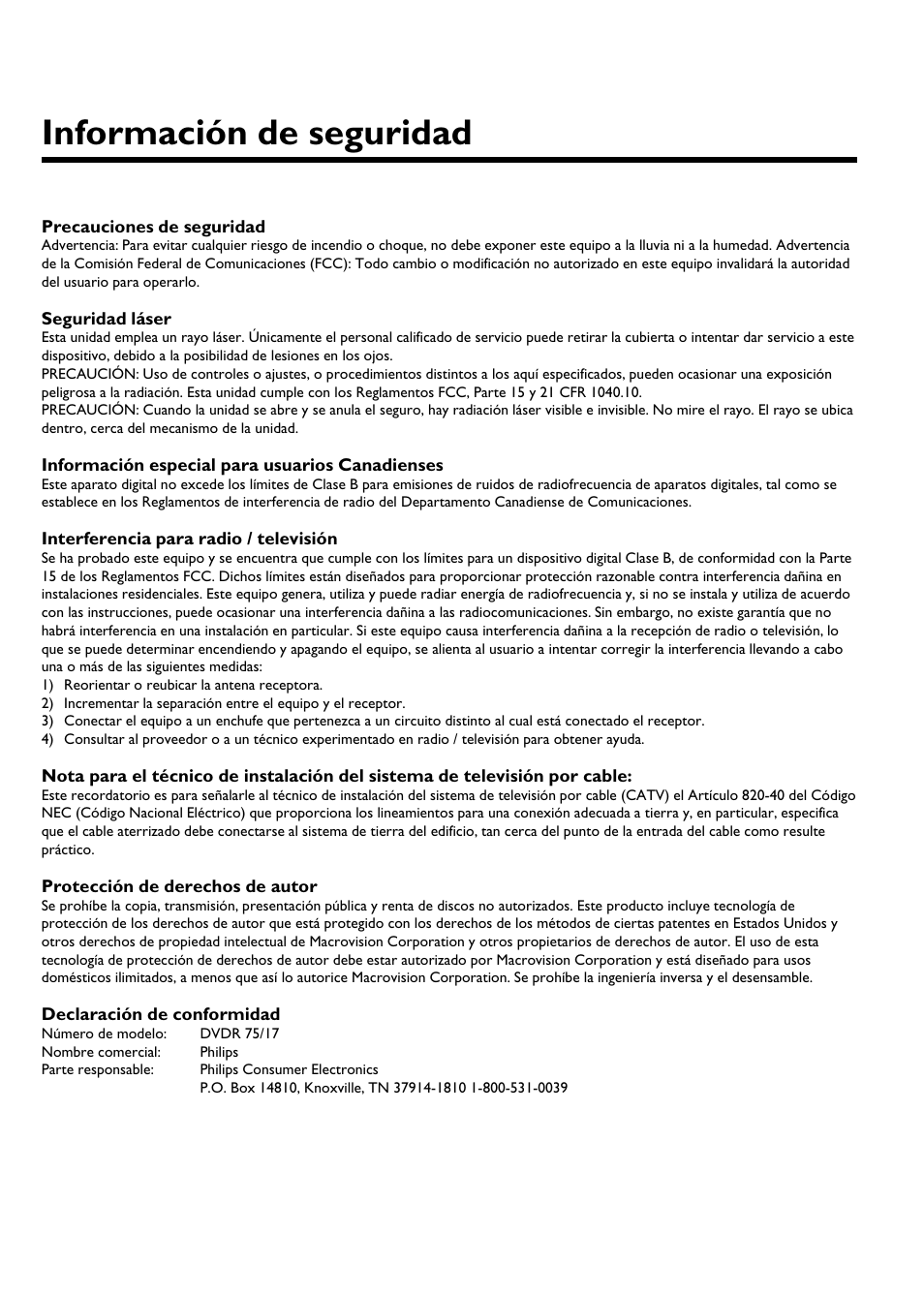 Información de seguridad | Philips DVDR 75 User Manual | Page 94 / 190