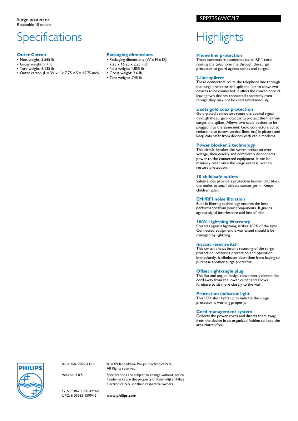 Specifications, Highlights | Philips SPP7356WC User Manual | Page 2 / 2